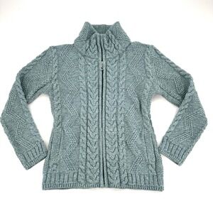 The Woollen Market Ireland Cable Knit Merino Wool Full Zip Sweater Green Sz S